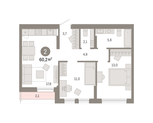 Продажа 2-комнатной квартиры 60,2 м², 9/9 этаж