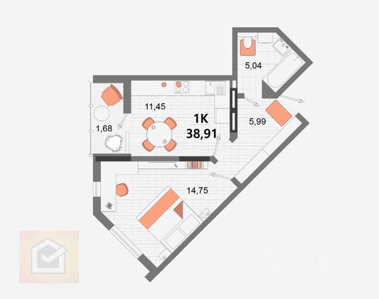 Продажа 1-комнатной квартиры 38,9 м², 2/13 этаж