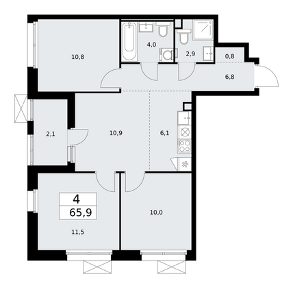 65,9 м², 4-комн. квартира, 2/17 этаж