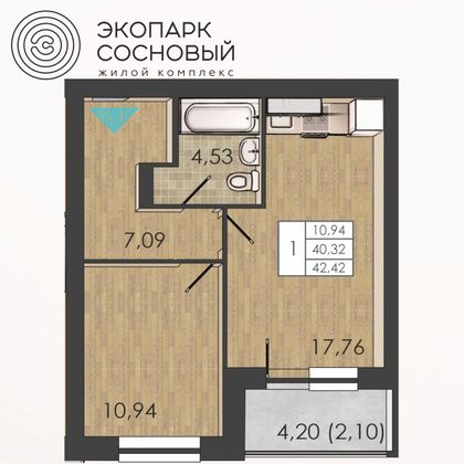 42,4 м², 1-комн. квартира, 4/4 этаж