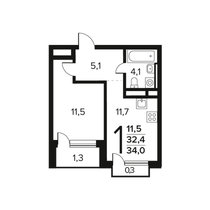 Продажа 1-комнатной квартиры 34 м², 7/14 этаж