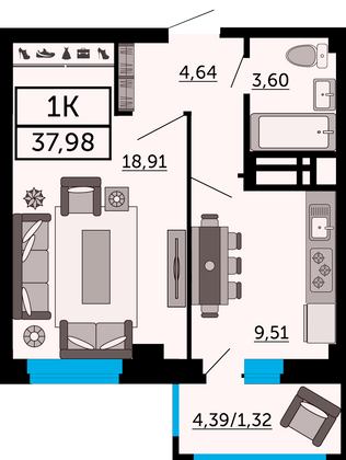 38 м², 1-комн. квартира, 21/26 этаж