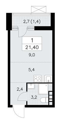 21,3 м², своб. планировка, 14/18 этаж