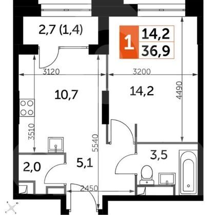 Продажа 1-комнатной квартиры 36,9 м², 5/24 этаж