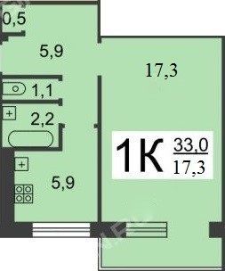 Продажа 1-комнатной квартиры 33 м², 2/5 этаж