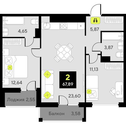 67,9 м², 2-комн. квартира, 2/10 этаж