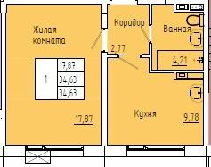 34,6 м², 1-комн. квартира, 1/4 этаж