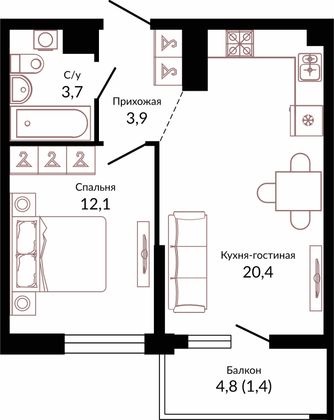 42,6 м², 1-комн. квартира, 14/22 этаж