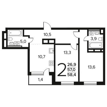 58,4 м², 2-комн. квартира, 6/11 этаж