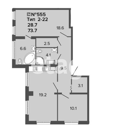 Продажа 2-комнатной квартиры 73,7 м², 3/24 этаж