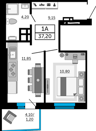 36,8 м², 1-комн. квартира, 15/21 этаж