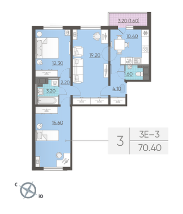 Продажа 3-комнатной квартиры 70,3 м², 2/26 этаж