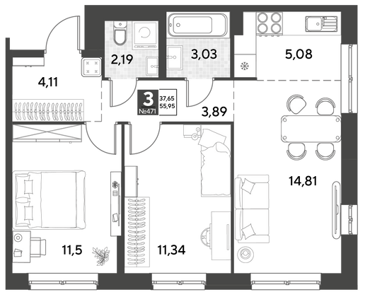 Продажа 3-комнатной квартиры 56 м², 12/21 этаж