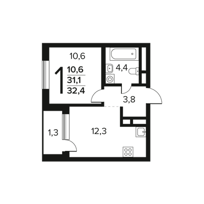 Продажа 1-комнатной квартиры 32,4 м², 8/9 этаж