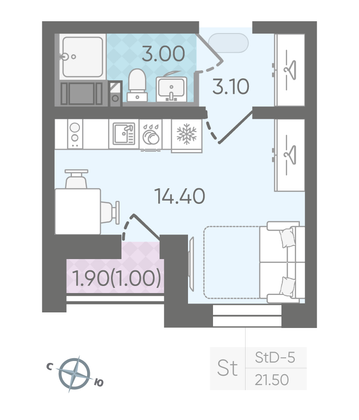 Продажа квартиры-студии 21,5 м², 24/25 этаж