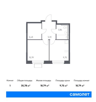 35,8 м², 1-комн. квартира, 2/12 этаж