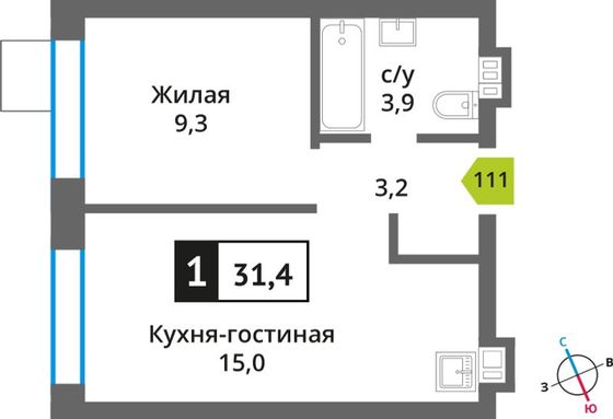 Продажа 1-комнатной квартиры 31,4 м², 6/6 этаж