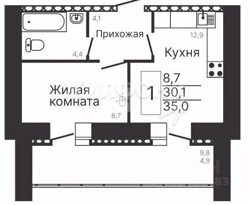 Продажа 1-комнатной квартиры 35 м², 9/11 этаж