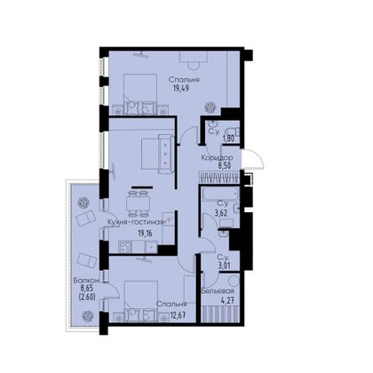 Продажа 2-комнатной квартиры 75,1 м², 9/11 этаж