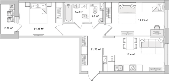 68 м², 2-комн. квартира, 2/16 этаж