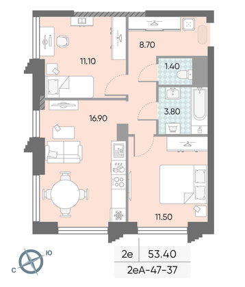 Продажа 2-комнатной квартиры 53,4 м², 37/58 этаж