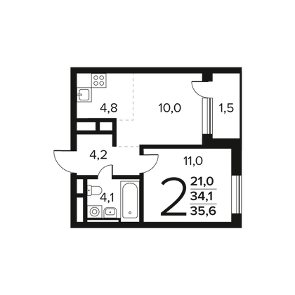 Продажа 2-комнатной квартиры 35,6 м², 5/9 этаж