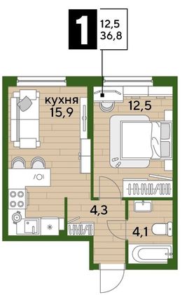 Продажа 1-комнатной квартиры 36,8 м², 2/16 этаж
