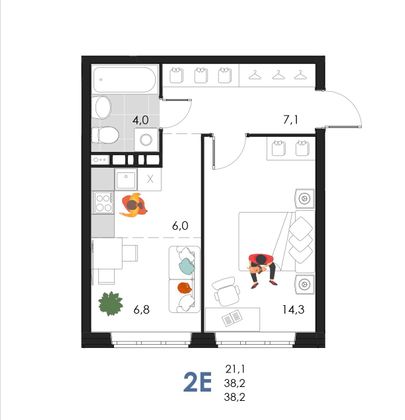 38,2 м², 2-комн. квартира, 4/6 этаж