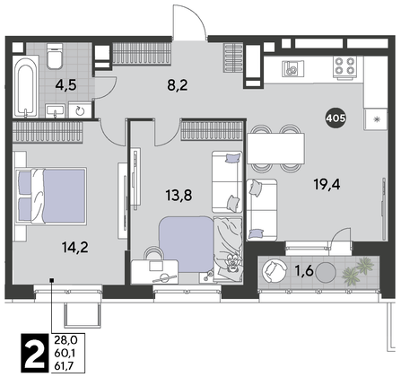 Продажа 2-комнатной квартиры 61,7 м², 18/21 этаж