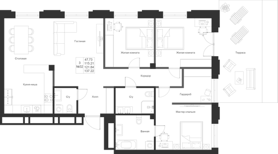 121,8 м², 3-комн. квартира, 2/9 этаж