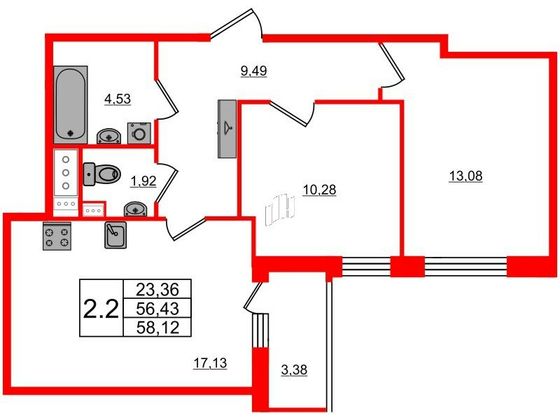Продажа 2-комнатной квартиры 56,4 м², 3/12 этаж