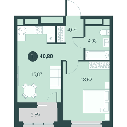 40,8 м², 1-комн. квартира, 2/10 этаж