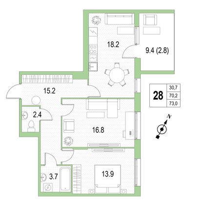 Продажа 2-комнатной квартиры 73 м², 2/4 этаж