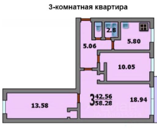 Продажа 3-комнатной квартиры 58,8 м², 2/5 этаж