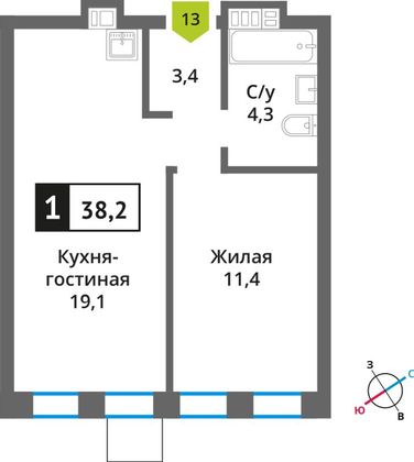 Продажа 1-комнатной квартиры 38,2 м², 3/6 этаж