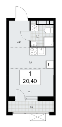 20,4 м², 1-комн. квартира, 6/14 этаж