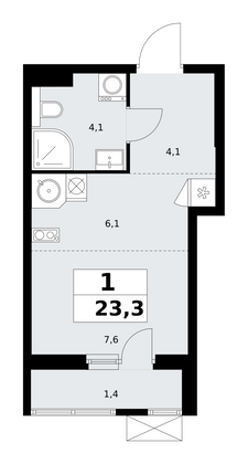 23,3 м², своб. планировка, 6/19 этаж