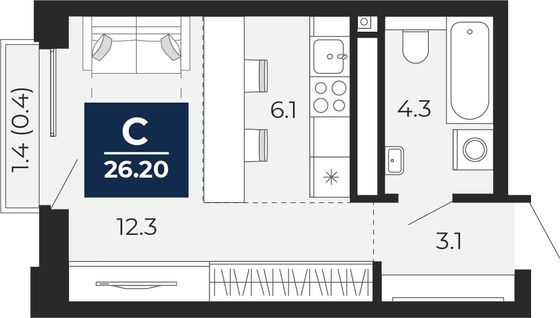 26,2 м², студия, 4/12 этаж