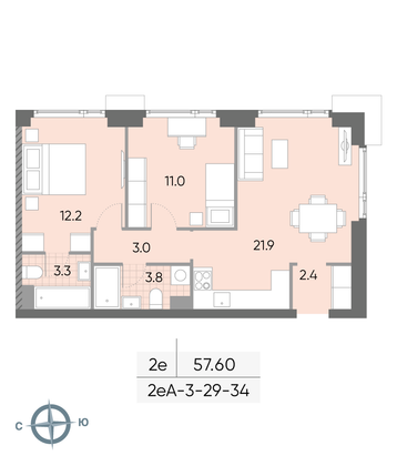 Продажа 2-комнатной квартиры 57,6 м², 29/52 этаж