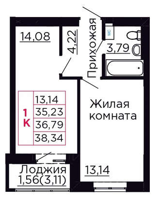 36,8 м², 1-комн. квартира, 2/9 этаж