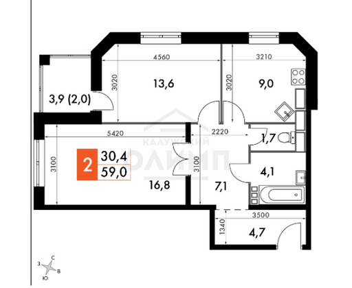 Продажа 2-комнатной квартиры 59,1 м², 12/14 этаж