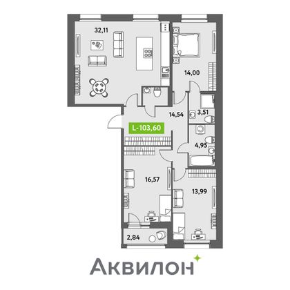 103,6 м², 3-комн. квартира, 2/12 этаж