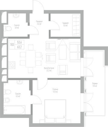 63,2 м², 1-комн. квартира, 7/8 этаж