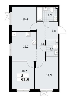 62,6 м², 3-комн. квартира, 2/9 этаж