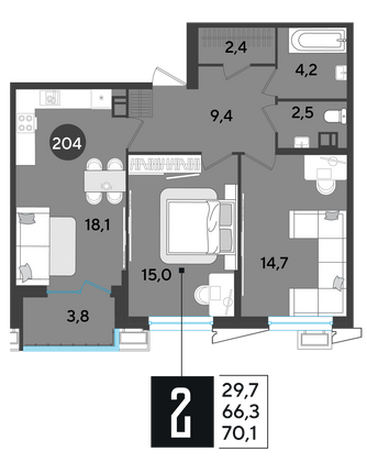 Продажа 2-комнатной квартиры 70,1 м², 8/9 этаж