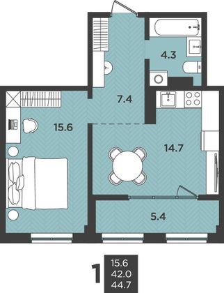 44,7 м², 2-комн. квартира, 10/12 этаж