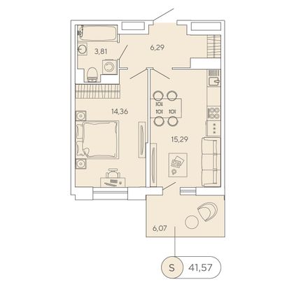 41,6 м², 1-комн. квартира, 7/12 этаж