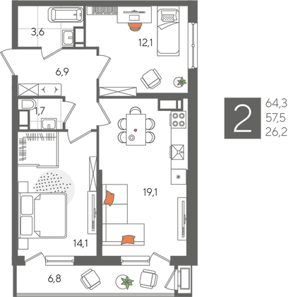 Продажа 2-комнатной квартиры 64,3 м², 24/24 этаж