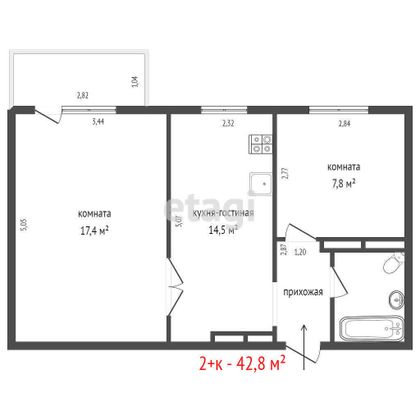 Продажа 2-комнатной квартиры 42,8 м², 2/10 этаж