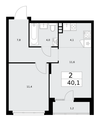 40,1 м², 2-комн. квартира, 13/15 этаж